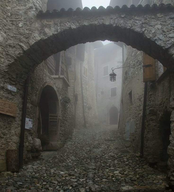 this image depicts a narrow, cobblestone alleyway in a medieval town or village. the scene is shrouded in fog or mist, creating a mysterious and slightly eerie atmosphere. the alleyway is framed by a stone archway, and on either side are old stone buildings with dark doorways and windows. a lantern hangs from one of the buildings. the cobblestone road leads into the distance, disappearing into the fog. the overall impression is one of history, mystery, and perhaps a touch of isolation.