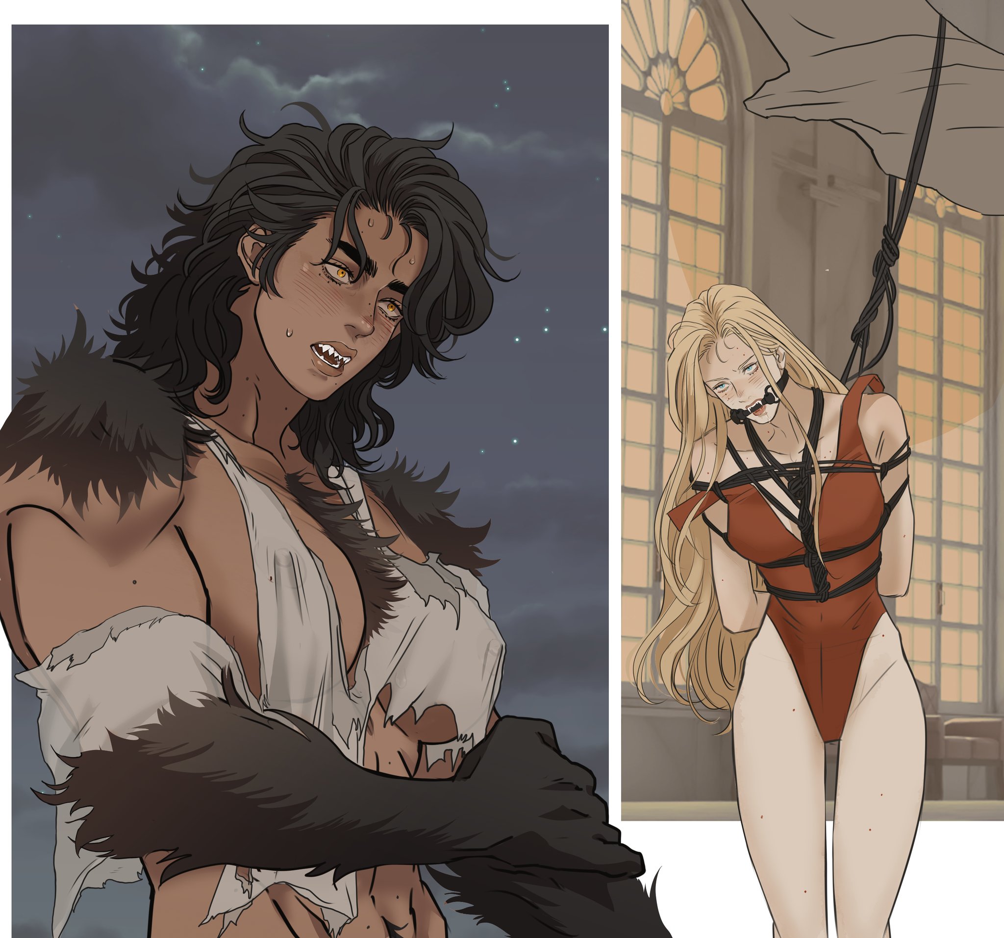 the image contains two separate scenes. on the left, a female werewolf is depicted during a transformation, with dark hair, amber eyes, fangs, and fur on her arms and shoulders. she's wearing a torn white shirt. the background is a night sky with stars. on the right, a blonde woman is suspended by ropes in a room with large windows. she is wearing a red leotard and is gagged. she is bound with ropes.