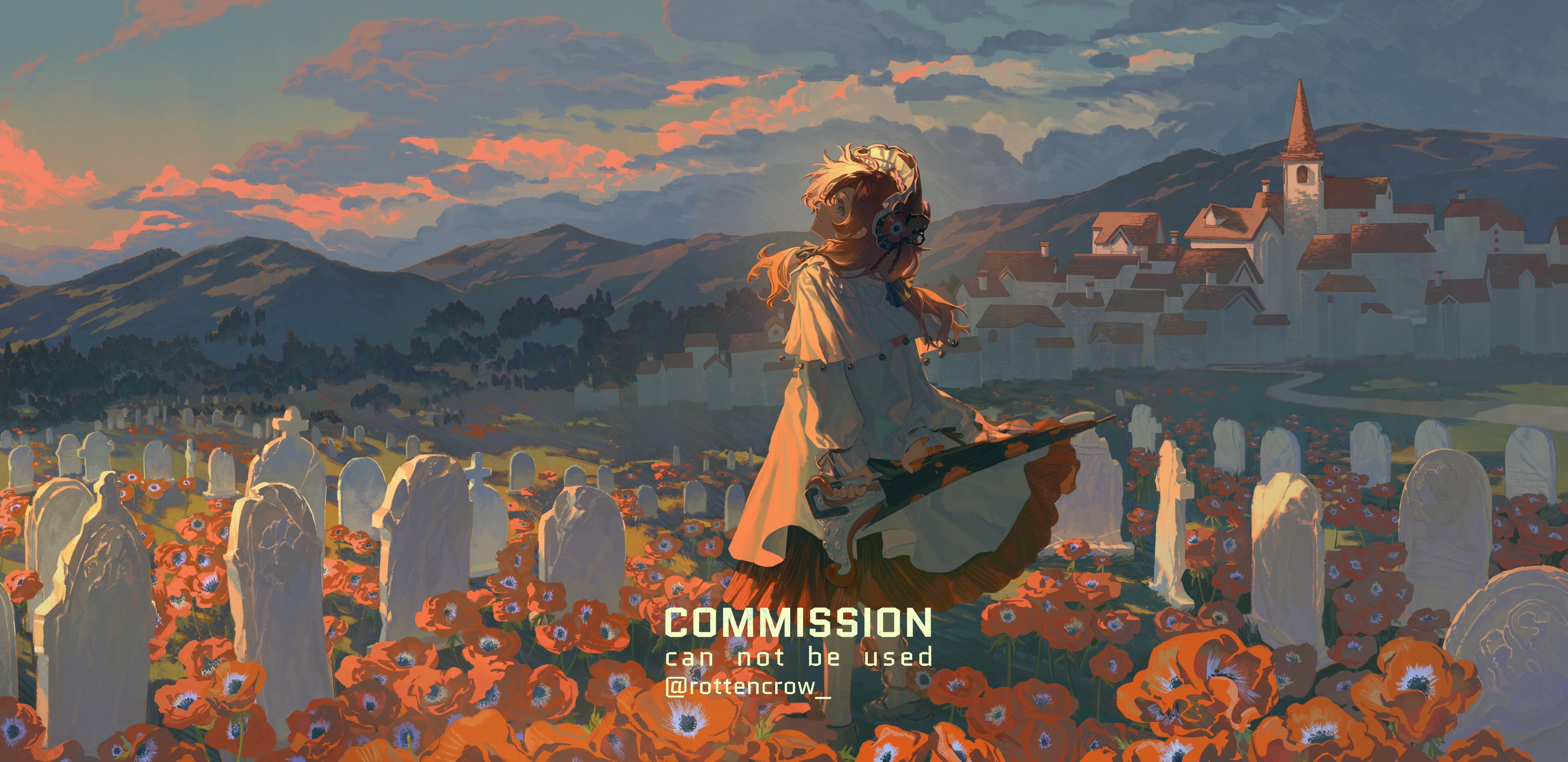 a young woman, wearing a white cloak and red dress, stands amongst a field of red poppies in a cemetery. the scene is bathed in the warm glow of the setting sun, illuminating the woman's figure and the surrounding headstones. the village in the background is shrouded in a soft haze, adding to the dreamlike and surreal atmosphere. the woman is looking away from the viewer, her face obscured by a veil, adding to the sense of mystery and intrigue. the red poppies symbolize both beauty and death, highlighting the cyclical nature of life and the fragility of existence.