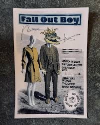 a concert poster for fall out boy, with a cartoon of a man with a crocodile head, and a woman, in front of a background with the concert details.