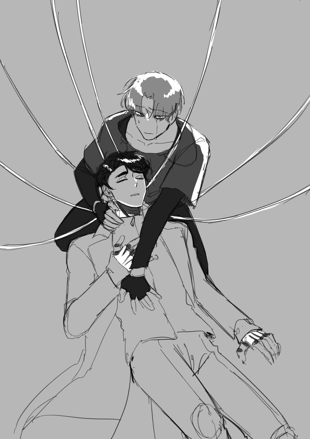 this is a black and white sketch of a man holding another man. both men are wearing casual clothing and appear to be in a loving embrace. they are surrounded by lines that seem to represent strings or some sort of binding force that is holding them together. the background is a plain gray color and the sketch is done in a simple style.