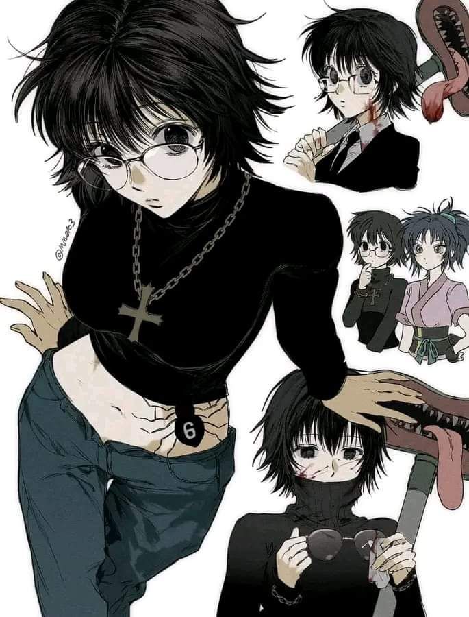 the image features four anime characters. the main character is a young woman with black hair, wearing a black shirt with a cross necklace and blue jeans, who is standing with a hand on the head of another character. the other three characters are sitting,  with a weapon in their hands. the characters all have different expressions and poses. the image has a dark and edgy tone.