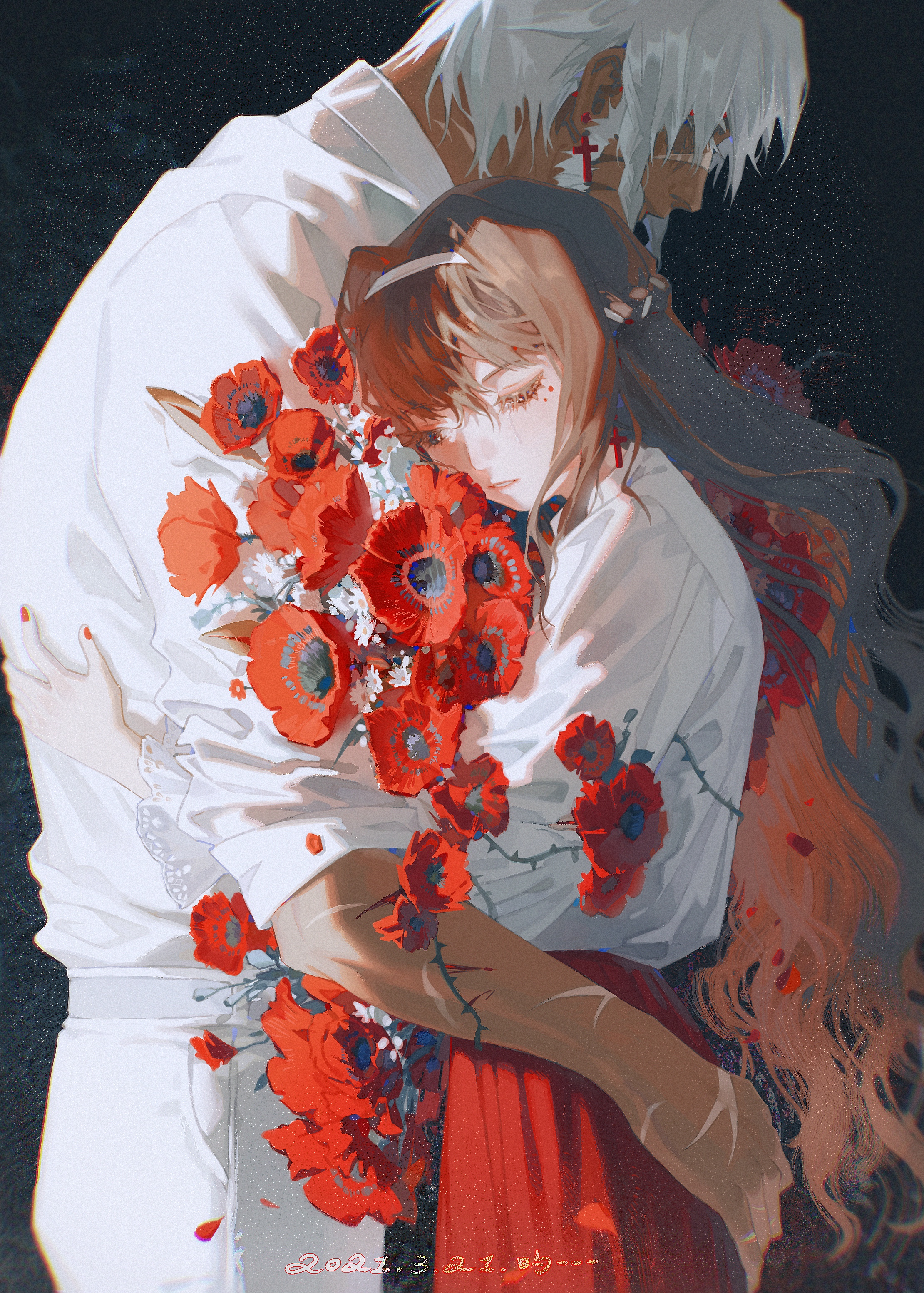 an animestyle image depicts a couple embracing each other. the man is in a white shirt and the woman is wearing a white blouse and a red skirt. they are surrounded by red poppy flowers. they both have sad expressions on their faces, possibly suggesting a sense of loss or sadness. the imagery implies love and affection, but also a sense of sorrow and pain.