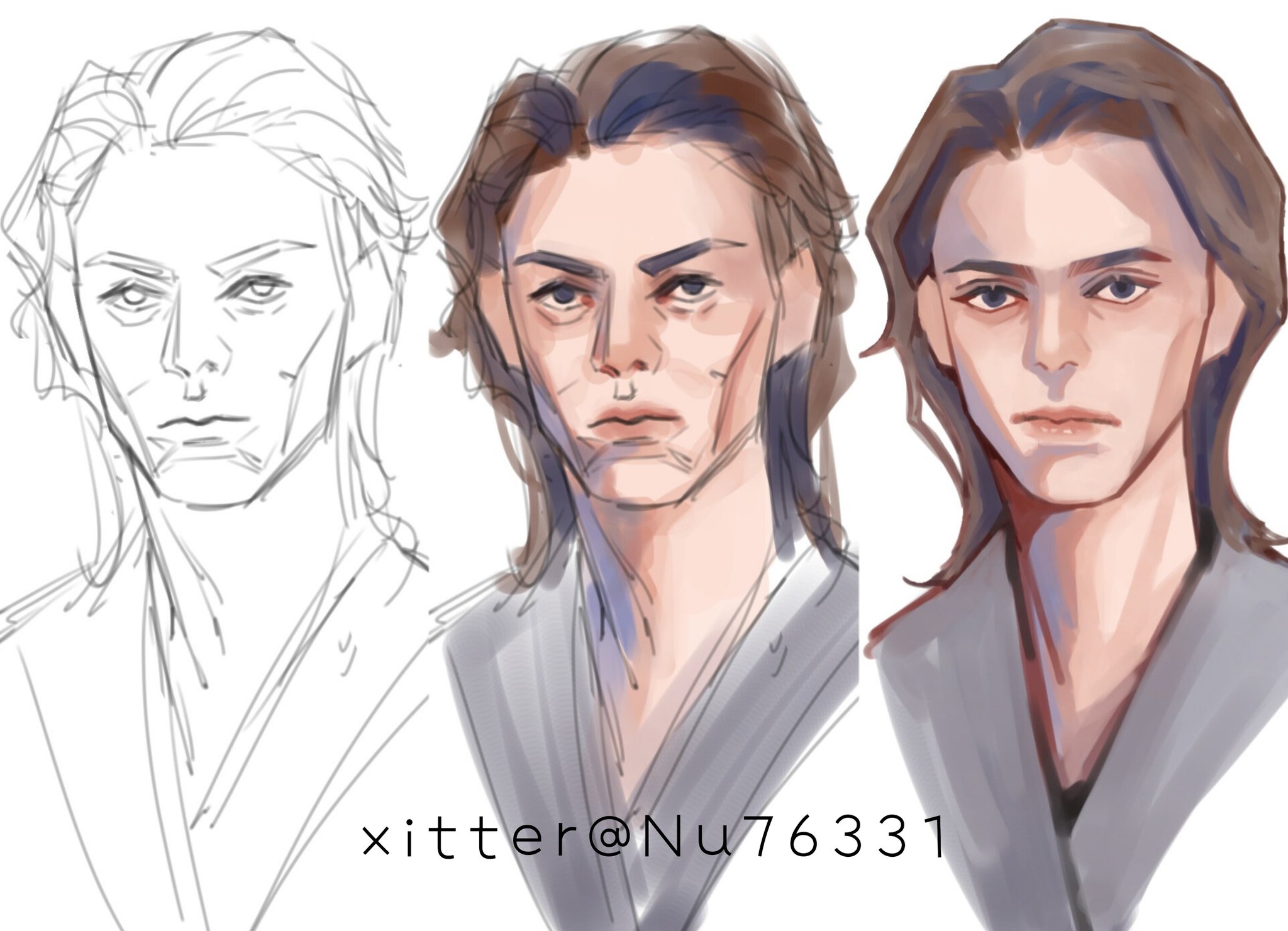 the image shows the process of creating a digital painting of a man with long, dark hair. the left side of the image shows a sketch of the man's face and shoulders. the middle section shows a more detailed sketch of the man's face with some color added. the right side of the image shows a finished painting of the man. the man is depicted in a traditional kimono style with a serious expression. the artist's signature can be seen at the bottom of the image.