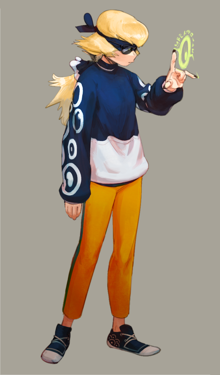 this is a digital illustration of an anime girl with blonde hair wearing a blue sweater, a white shirt, yellow pants, and black shoes. she is standing on a grey background with her right hand raised in a gesture as if she is casting magic. green magic is swirling around her finger.