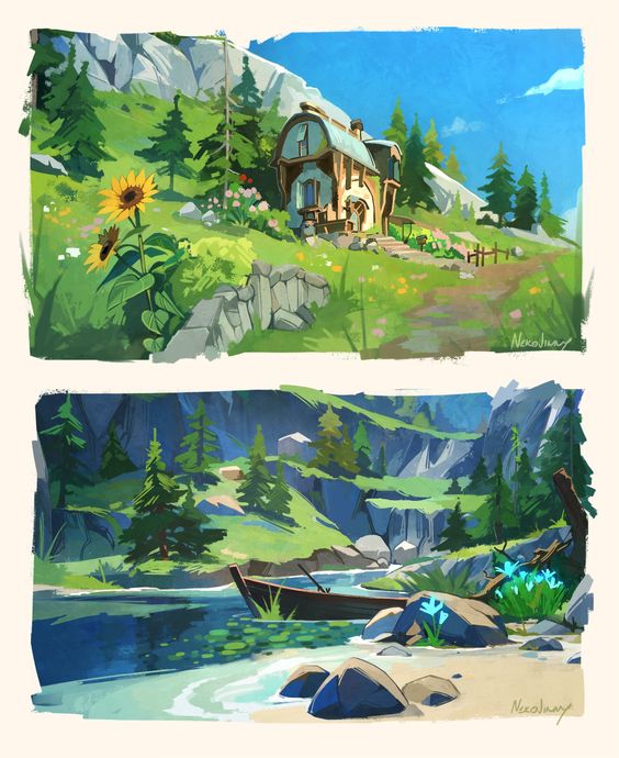 the image is a digital illustration split into two parts. the top portion showcases a charming countryside scene with a quaint cottage nestled into a lush green hillside.  sunflowers bloom vibrantly in the foreground, while evergreen trees dot the landscape.  the bottom portion depicts a serene river scene. a small wooden boat rests on the bank, surrounded by rocks and blooming blue flowers. the calm water reflects the surrounding greenery and creates a sense of peace. both scenes are bathed in warm, inviting sunlight, highlighting the beauty of nature.