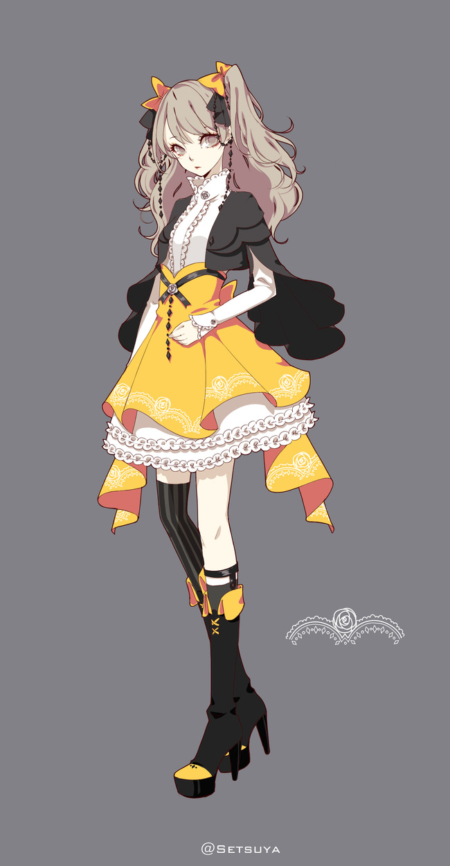 a digital illustration of a young woman with long brown hair styled with pigtails and bows. she is wearing an elegant outfit consisting of a frilly yellow dress with black accents, a black cape, striped stockings, and black platform heels. the image is set against a plain gray background, drawing attention to the character's attire and delicate features.  the style is reminiscent of anime and features details commonly associated with gothic lolita fashion.