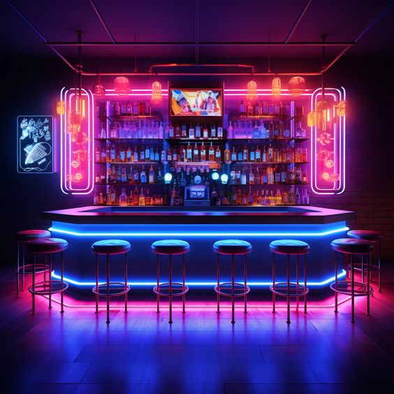 the image showcases a lively and modern bar scene. the bar, illuminated with vibrant neon lights in pink and blue, takes center stage. the counter, adorned with stools, is stocked with a variety of alcoholic beverages displayed on shelves against a mirrored backsplash.  the absence of people emphasizes the ambiance and energy of the space.