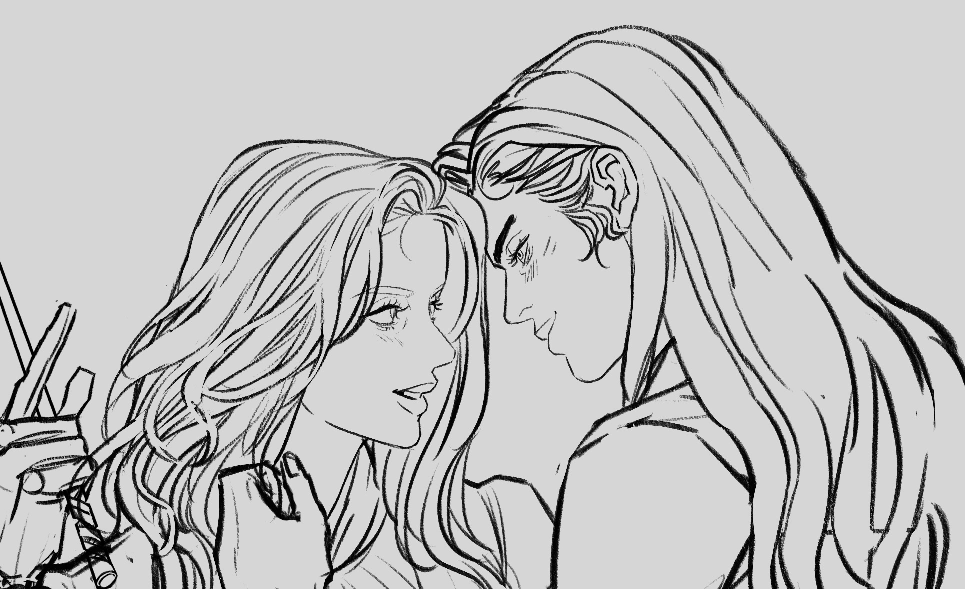 a sketch of a couple looking at each other with affection. the woman on the left has long, wavy hair and a soft expression. the man on the right has longer hair pulled back from his face and a thoughtful gaze. they are close together, suggesting intimacy and connection.