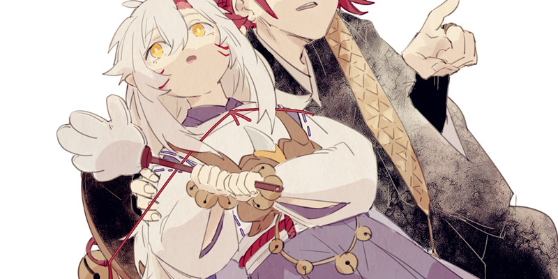 the illustration depicts two anime characters. one is a young woman with white hair and red eyes, while the other is a young man with red hair and black eyes. the woman is holding a wooden stick with bells and is looking up with a smile on her face. the man is pointing with his right hand. they are both dressed in traditional japanese clothes and are positioned as though the man is supporting the woman. the overall style is reminiscent of anime or manga. the illustration suggests a friendly or romantic relationship between the two characters.