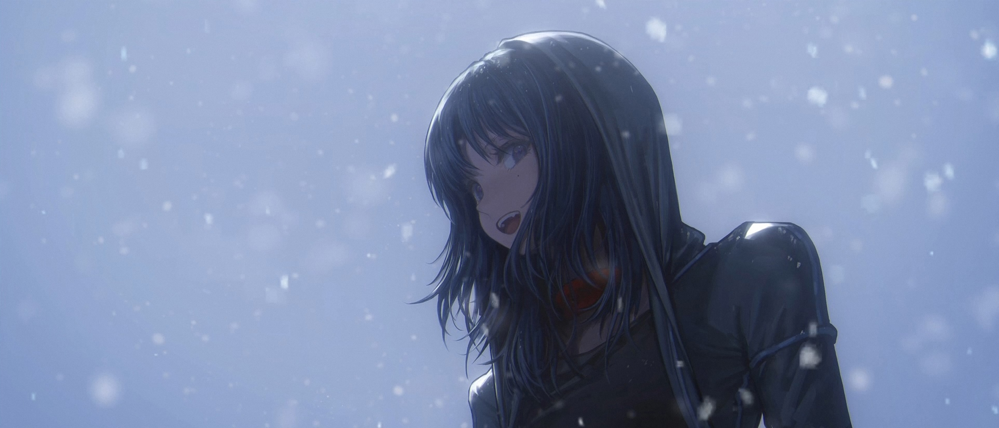 the image is a digital painting or illustration of an animestyle girl. she has long, dark blue hair and is wearing a darkcolored hooded jacket.  snow is softly falling around her, creating a cold and atmospheric scene. her expression is serious, and her eyes are wide and expressive. the art style is detailed and realistic in rendering, contrasting the animeinspired features. the overall mood is melancholic and slightly mysterious.