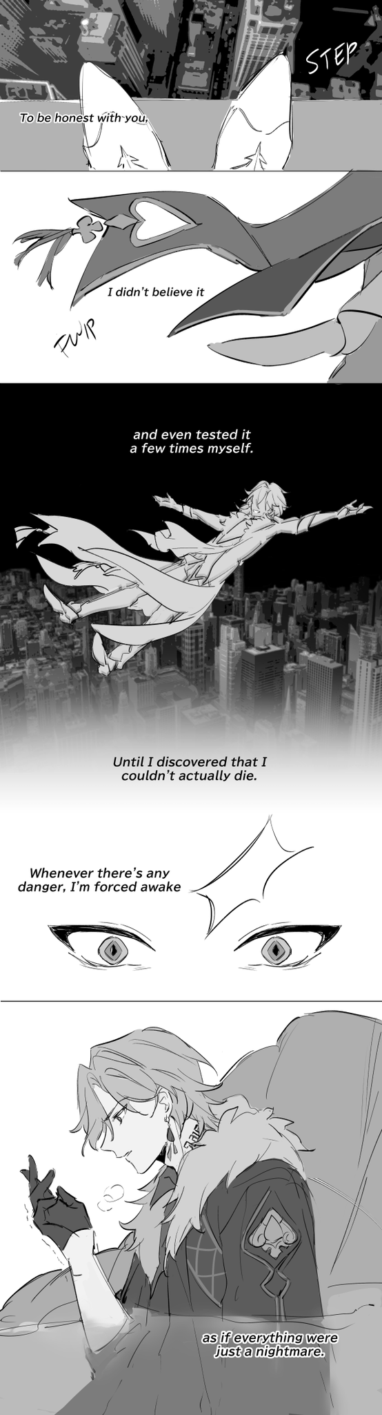this image is a panel from a black and white comic, manga or webtoon. it features several panels showing dialogue between two characters, one of whom is a male character with spiky blonde hair. the character talks about how he tested his immortality, discovering he can't actually die. he describes how he is "forced awake" whenever danger is present. the text indicates the character is fearful of his inability to sleep and that he feels like his life is a nightmare.