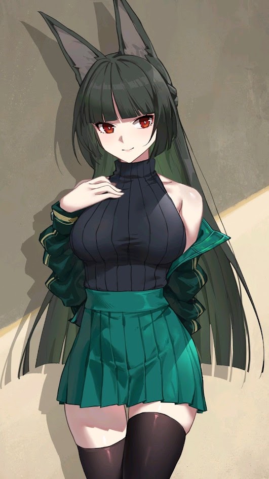 a young anime woman with long black hair and cat ears wearing a black sweater and a green pleated skirt. she is standing with her hands on her hips and looking at the viewer. she has black tights on and her green eyes are looking at the viewer. the background is white.