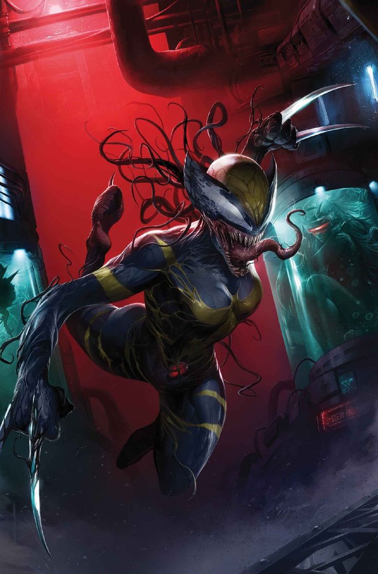 a digital illustration depicting a female wolverine character fused with a symbiote, resulting in a hybrid creature with the iconic claws, fangs, and black suit associated with the venom symbiote. the figure is posed in a dynamic, actionoriented stance, showcasing its sharp claws and fierce expression. the background features a dark, futuristic environment with metallic structures and hints of scifi elements, adding to the ominous and dynamic atmosphere of the image.