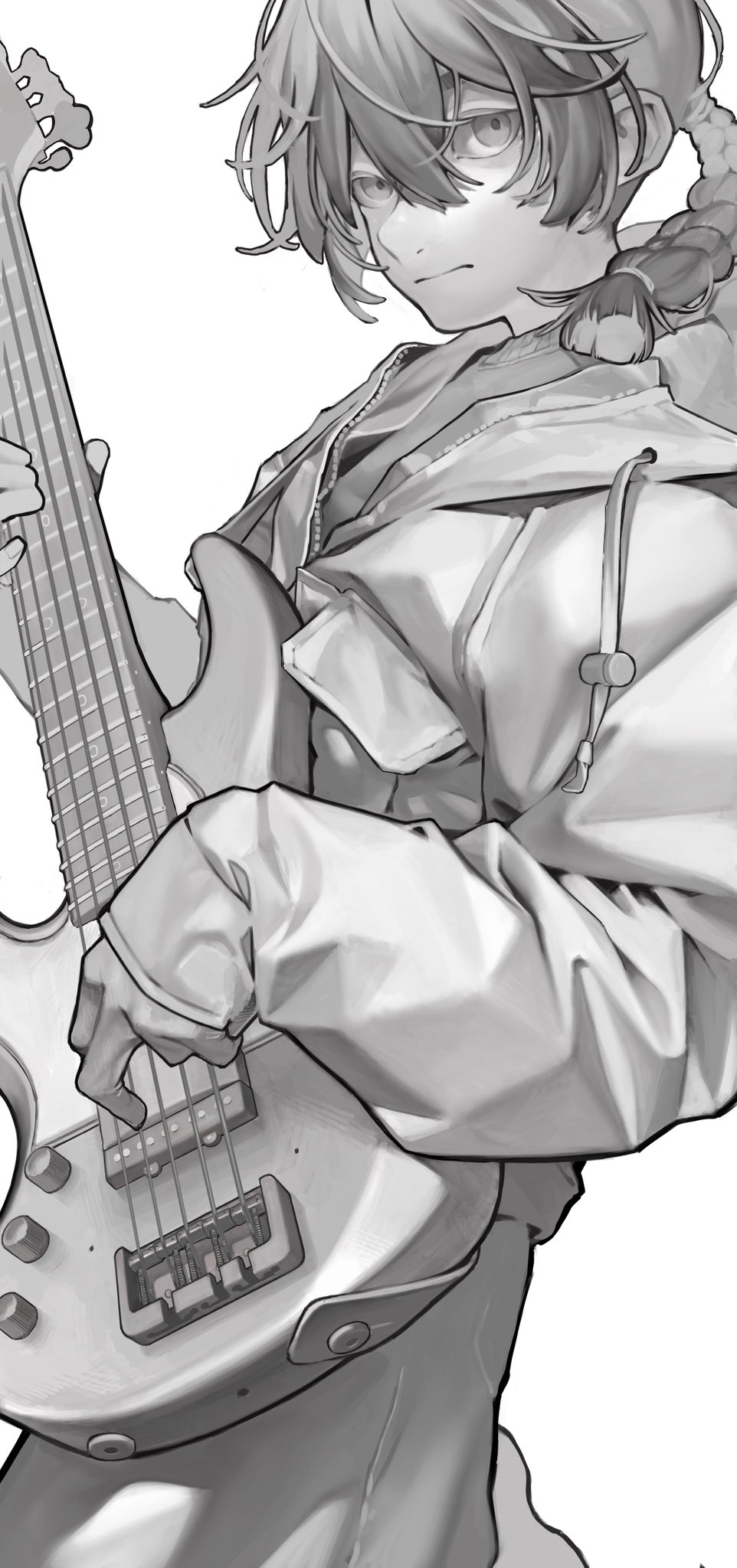 the image is a grayscale animestyle illustration of a young woman playing an electric bass guitar. she has shoulderlength hair styled in a ponytail and is wearing a hooded jacket. her expression is serious and focused as she plays the instrument.  the artwork is detailed, showing the texture of both the clothing and the bass guitar. the style is realistic in its shading and rendering of forms, while maintaining the characteristic features of anime/manga illustration.