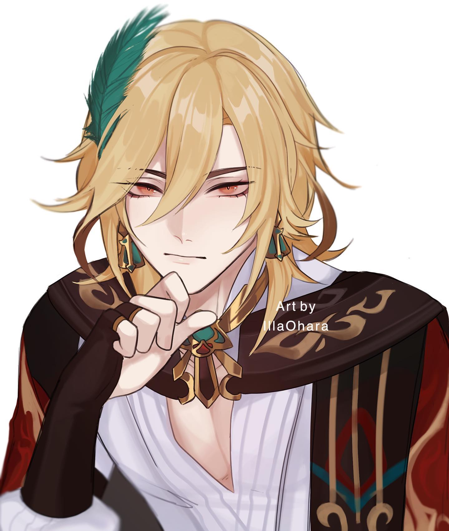 a closeup digital fanart depicts scaramouche from genshin impact. he's portrayed with long, blonde hair adorned with a teal feather, intense red eyes, and a sophisticated outfit. his expression is thoughtful, his hand resting near his chin. the art style is smooth and detailed, with soft shading and vibrant colors.  the artist's signature, "art by millaohara," is subtly included in the image. the background is plain white, focusing attention on the character.