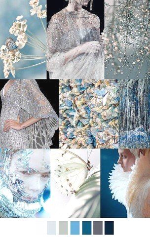 a collage of images showcasing a fashion design concept. the images feature different textures and patterns in shades of blue, white, and silver.  there is a delicate butterfly, sparkly fabric,  feathers, and a dress made of sheer fabric with glitter.  the color palette at the bottom of the image suggests a soft, airy, and dreamy feel.