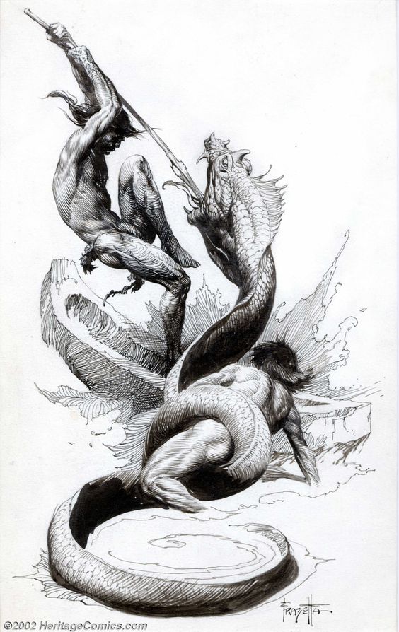 the image is a black and white sketch of two men fighting a giant serpentlike monster in the water. one man is lunging toward the monster's open mouth with a spear. the other man is underneath the monster's thick body.  the monster has a gaping mouth with sharp teeth, and its body is covered in scales. the men are both muscular and appear to be very strong. the image is very detailed and realistic.  the sketch is from a low perspective, making the monster appear large and imposing.