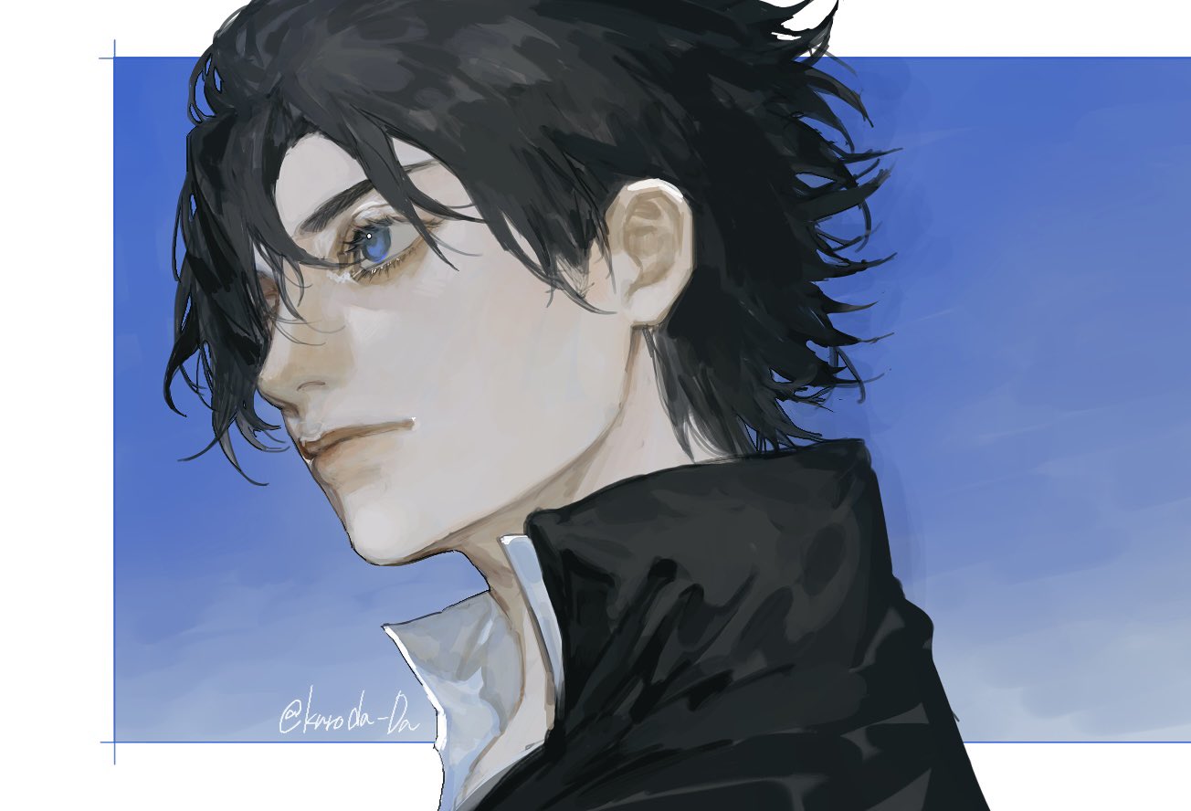 a digital illustration of a young man with dark, windswept hair and piercing blue eyes. he is wearing a black jacket with a white collar. the background is a simple blue sky, and the lighting is soft and natural, giving the image a serene and contemplative atmosphere. the closeup perspective and side profile allow for a detailed look at the subject's features.