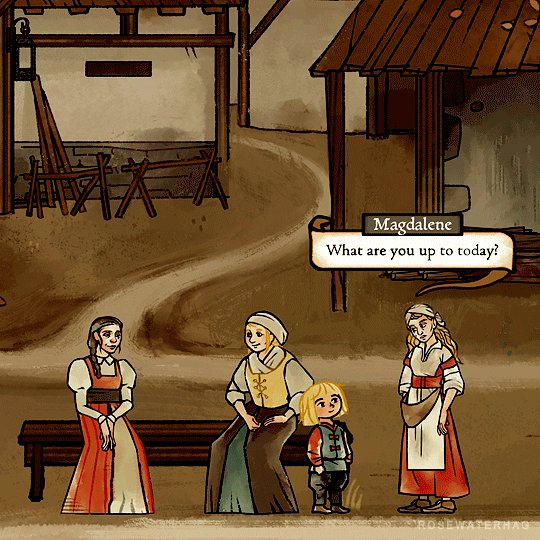 the image is a drawing depicting a scene in a medieval village. four characters are present: three women and one child. the characters are dressed in peasant clothing, typical of the medieval period. one woman is seated on a wooden bench, with the child standing next to her. another woman is sitting to the left. a final woman is standing. the characters seem to be having a conversation, as indicated by a dialogue box above one of the women, labeled "magdalene," asking "what are you up to today?". the background shows elements of a village, including roads, buildings, and other structures. the art style is reminiscent of story book illustrations.