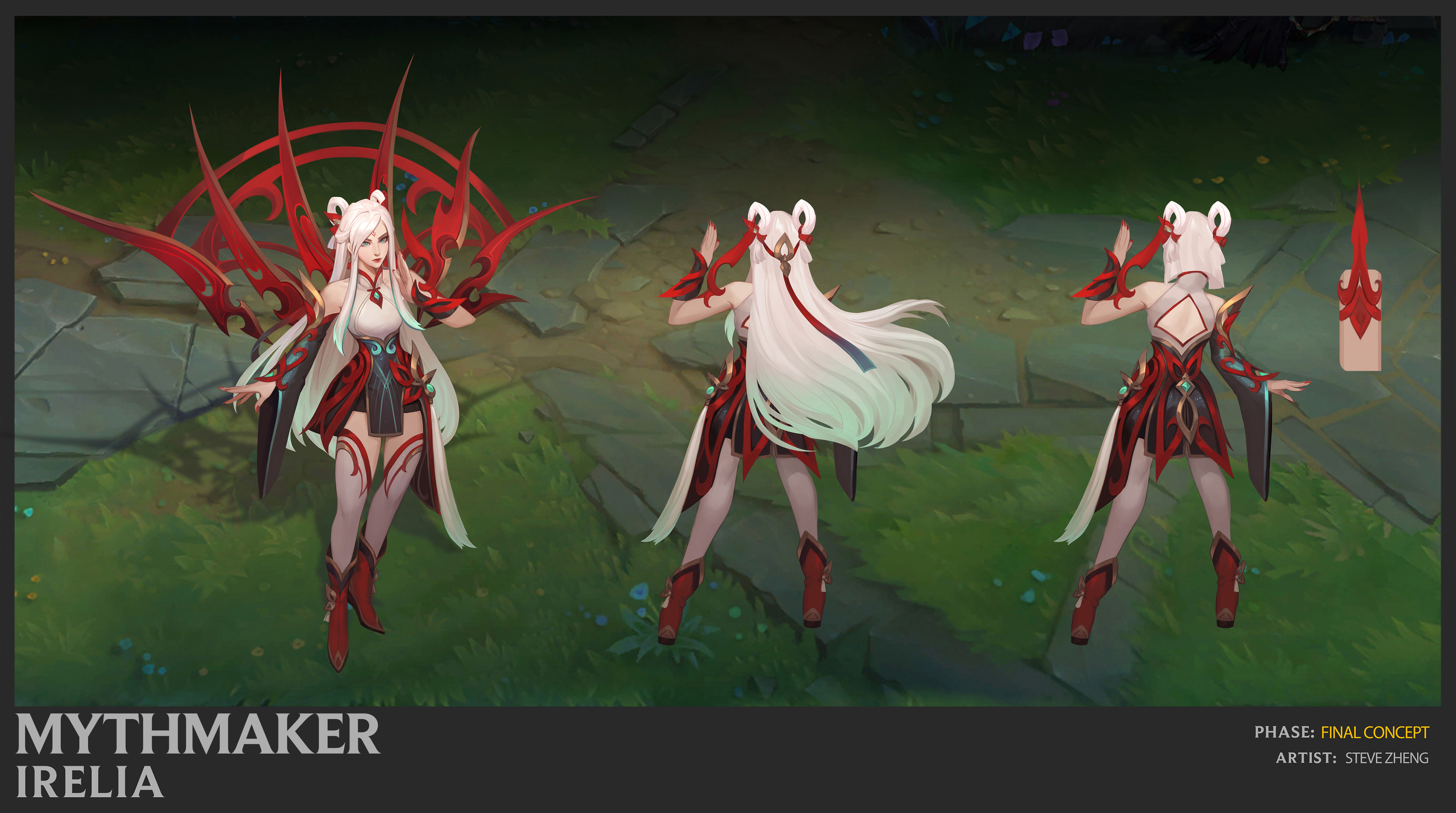 his image showcases the final concept art for the mythmaker irelia skin in league of legends.  it presents three views of the character: a front view, a back view, and a rear threequarter view. the design is predominantly red and white, featuring elaborate winglike blades and a flowing white dress with red accents. irelia's hair is long and white, and her overall appearance is elegant and powerful.  the artist's name and the phase of the concept are indicated at the bottom.  the artwork is detailed and high quality, suggesting a polished final design for the skin.
