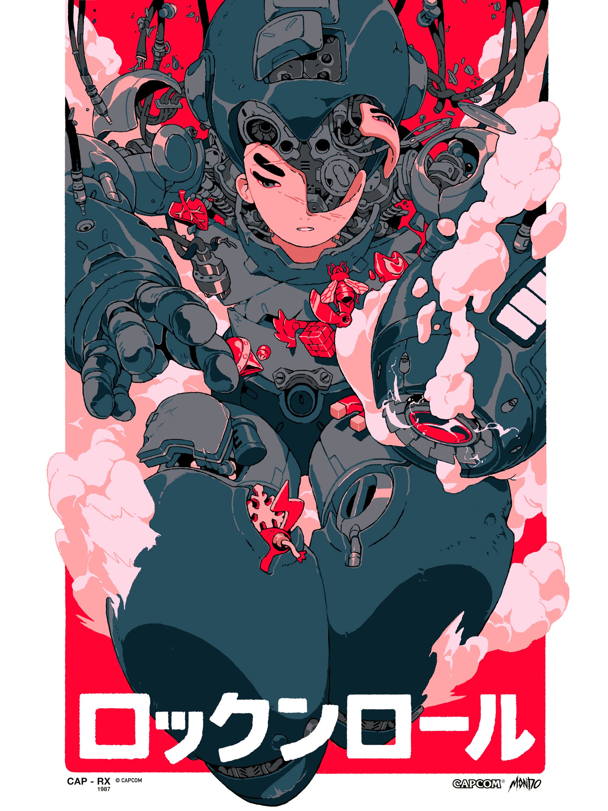 this is an illustration of a robot character from the popular retro video game megaman (rockman in japan), the image appears to be a poster with the words "rockman"  in japanese.