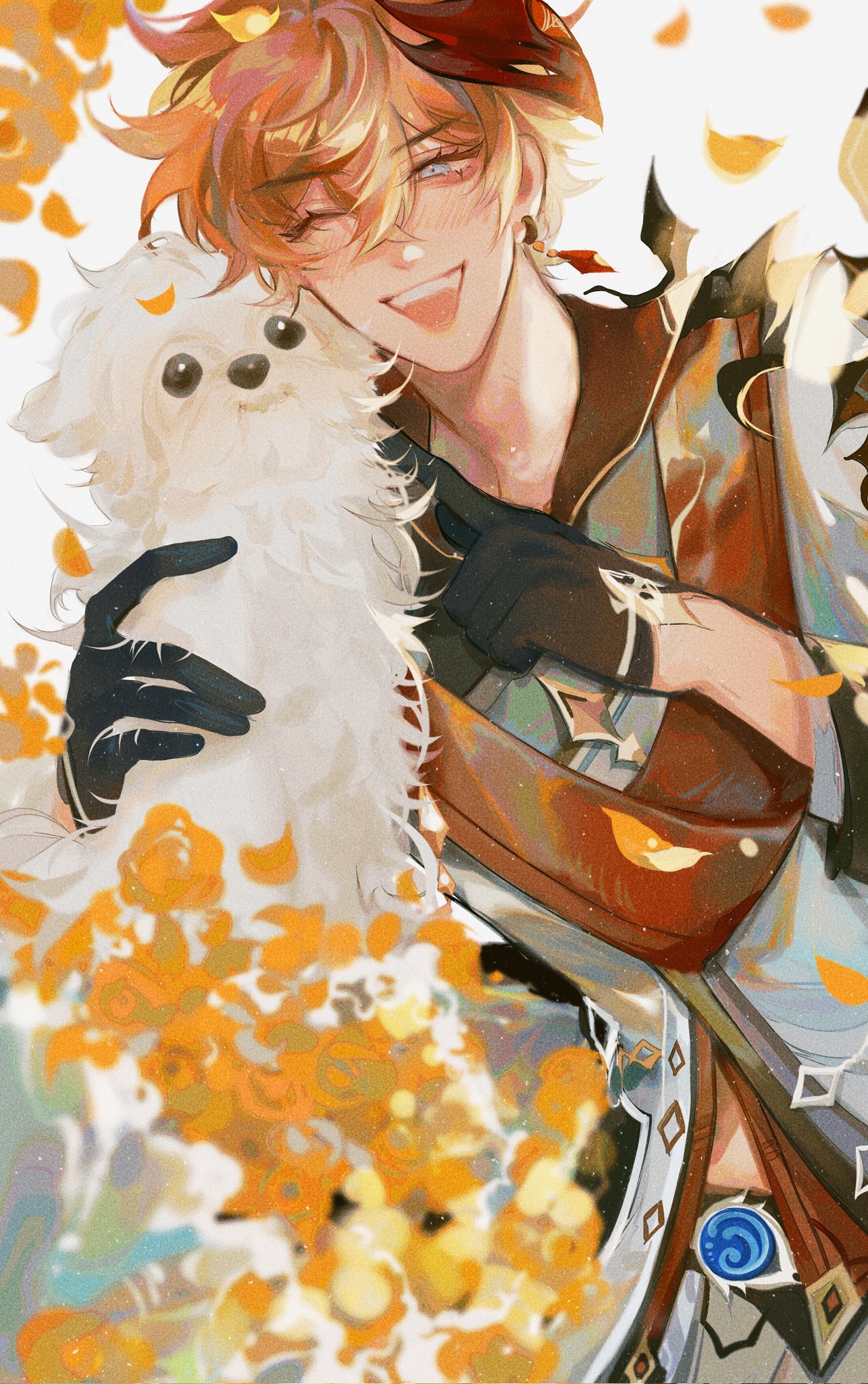the image is a vibrant digital fanart depicting albedo, a character from the video game genshin impact. he's portrayed as a young man with blond, orangetinged hair, wearing an elaborate outfit with autumnal colors and ornate details.  he's smiling happily while holding a small, fluffy white dog close to his chest. the background features a flurry of abstract orange and gold shapes resembling falling leaves or petals, contributing to a warm, autumnal atmosphere. the art style is distinctly animeinspired with a painterly quality, exhibiting soft yet detailed brushstrokes. the overall impression is one of cheerful warmth and gentle affection.