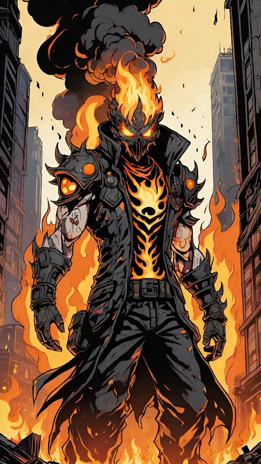a flaming humanoid figure with a skulllike mask and a long dark coat stands in the middle of a fiery city street. he is surrounded by flames and smoke, and he appears to be a powerful character. the figure is surrounded by tall buildings that are on fire.  the art style is graphic and stylized, evoking a comic book or graphic novel aesthetic.