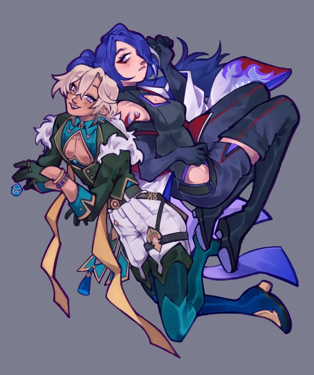 the image is a vibrant digital fanart depicting two animestyle female characters in a dynamic embrace. one character has long, purple hair and wears dark, formfitting clothing with red and purple accents.  the other character has shorter, blonde hair and is dressed in a more elaborate outfit featuring teal, green, and gold elements with fluffy white fur trim. they appear playful and energetic, with a close, intimate pose.  the art style is stylized with attention to detail in clothing and hair, creating a visually appealing and expressive piece. the background is a simple, muted gray, which emphasizes the characters and their bright clothing.