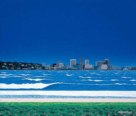 a serene cityscape overlooking a calm ocean. the city skyline, composed of modern buildings, is silhouetted against a clear blue sky. the ocean is a tranquil expanse of blue,  with gentle waves breaking against the sandy shore. the scene conveys a sense of peace and tranquility.