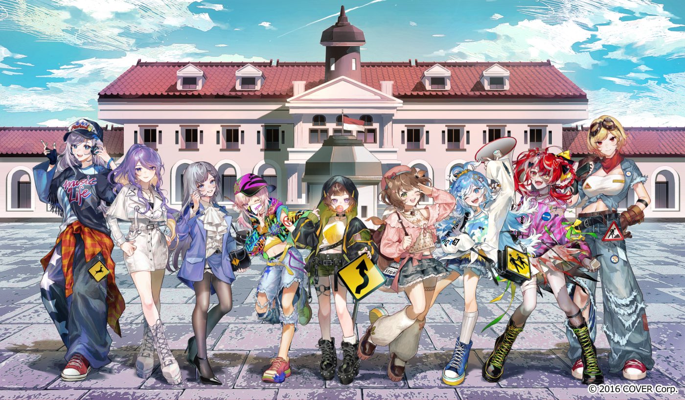 a group of diverse anime girls in modern, colorful street style outfits pose together outside a school building. they are all smiling and seem to be having a lot of fun. they are all dressed in different styles, with some wearing ripped jeans, others wearing skirts, and others wearing dresses. each girl has unique accessories and hairstyles.