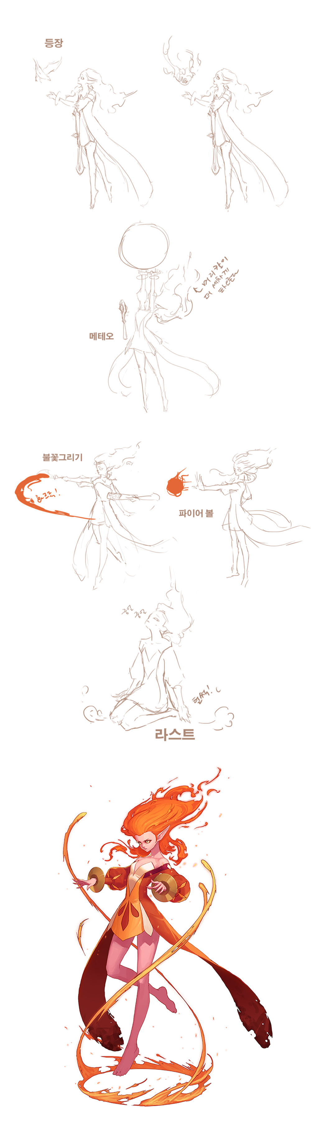 this is a stepbystep drawing tutorial for a female anime character.  each step shows how to draw the character's hair, body and dress.  the character is using magic and is surrounded by flames. the tutorial is written in korean.
