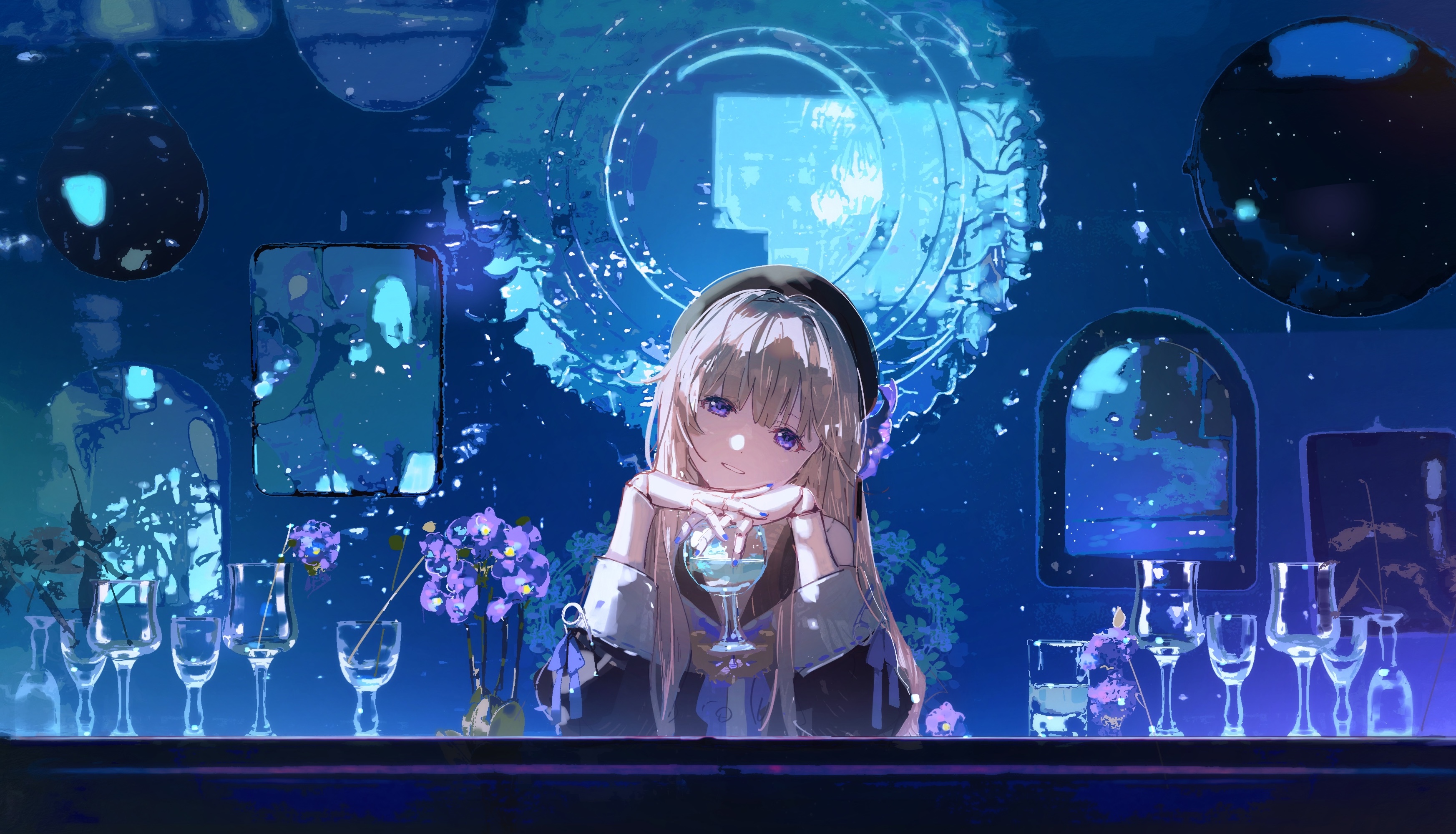 he image is a digital painting of an anime girl sitting at a bar counter. she has long, light purple hair and is wearing a darkcolored outfit with a lightcolored collar. she's holding a glass of what appears to be a cocktail and has a serene expression on her face. the bar is dimly lit, with a blue and purple color scheme. there are several glasses on the counter, along with some flowers. the background features ornate decorative elements in a similar blue and purple color scheme. the overall style is fantasy or magical, giving a mysterious and peaceful vibe.