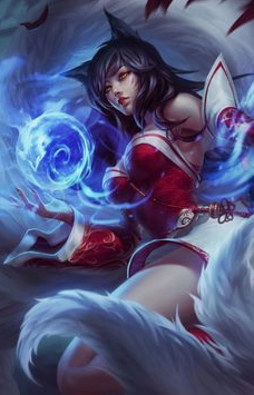 an image of the character ahri from the popular online game league of legends. she is depicted as a woman with fox ears and nine tails, holding a glowing blue orb of energy in her hand. her attire is a mix of red and white, and she has a captivating gaze. the background is dark and mysterious, with swirling blue energy emanating from her.