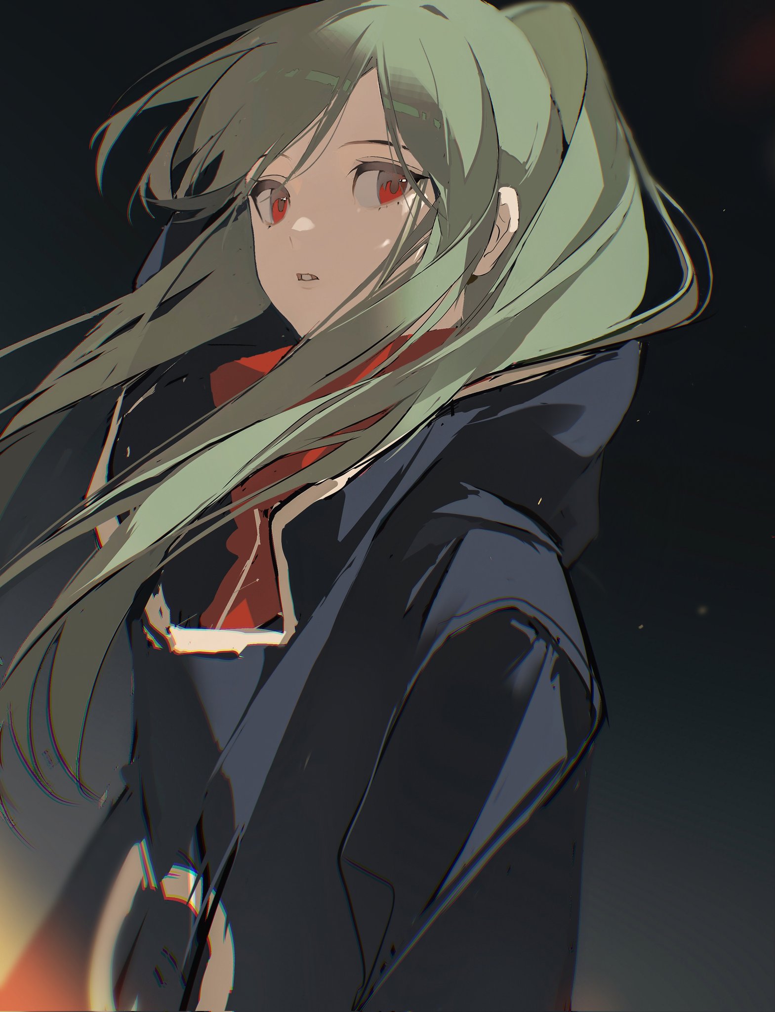 the image portrays a young anime girl with striking green hair tied in a high ponytail. her intense red eyes stand out against her pale skin. she wears a dark, hooded outfit with red trim, giving her a mysterious and somewhat somber aura. the background is dark and abstract, emphasizing the dramatic lowkey lighting that focuses attention on the girl's face and expression. the slight low angle perspective adds to the sense of mystery and intrigue.