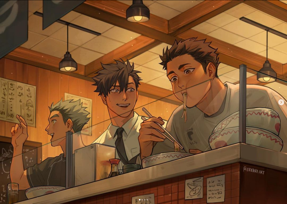 this illustration shows three friends enjoying a meal together at a ramen shop. the warm lighting and closeup perspective create a sense of intimacy and camaraderie. the characters are drawn in a stylized anime style, and their expressions convey their enjoyment of the food and each other's company. the restaurant setting is detailed with japanese lettering and typical ramen shop elements, adding to the authenticity of the scene.