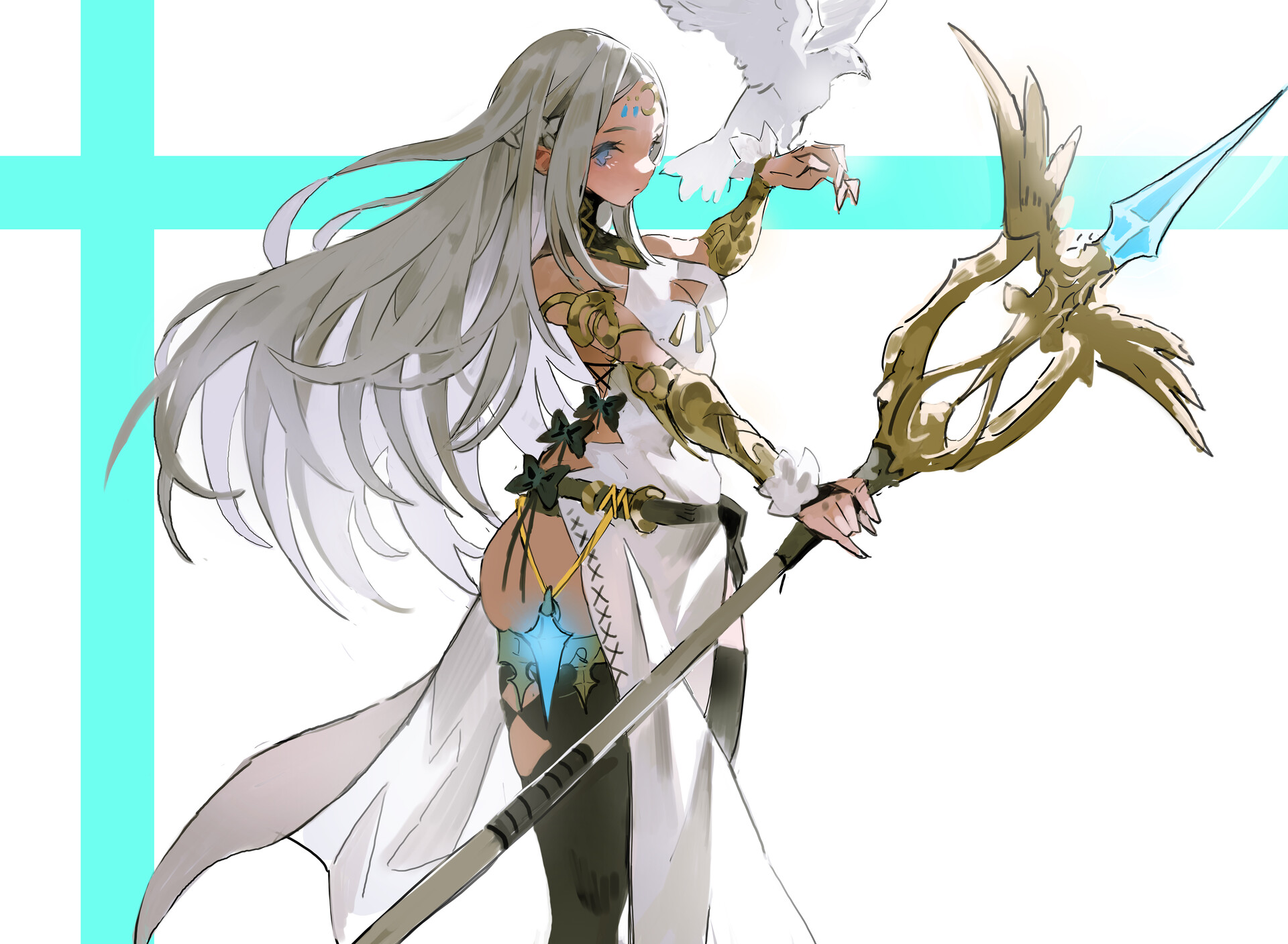 the image is an anime style illustration featuring a female elf character with long white hair and blue eyes. she is depicted in a side pose, wearing fantasythemed clothing consisting of a white dress, golden armbands, and black tights. a white bird is perched on her arm, and she is holding a staff adorned with a goldcolored, ornate design and a blue crystal at its tip. the background features a turquoise cross shape.
