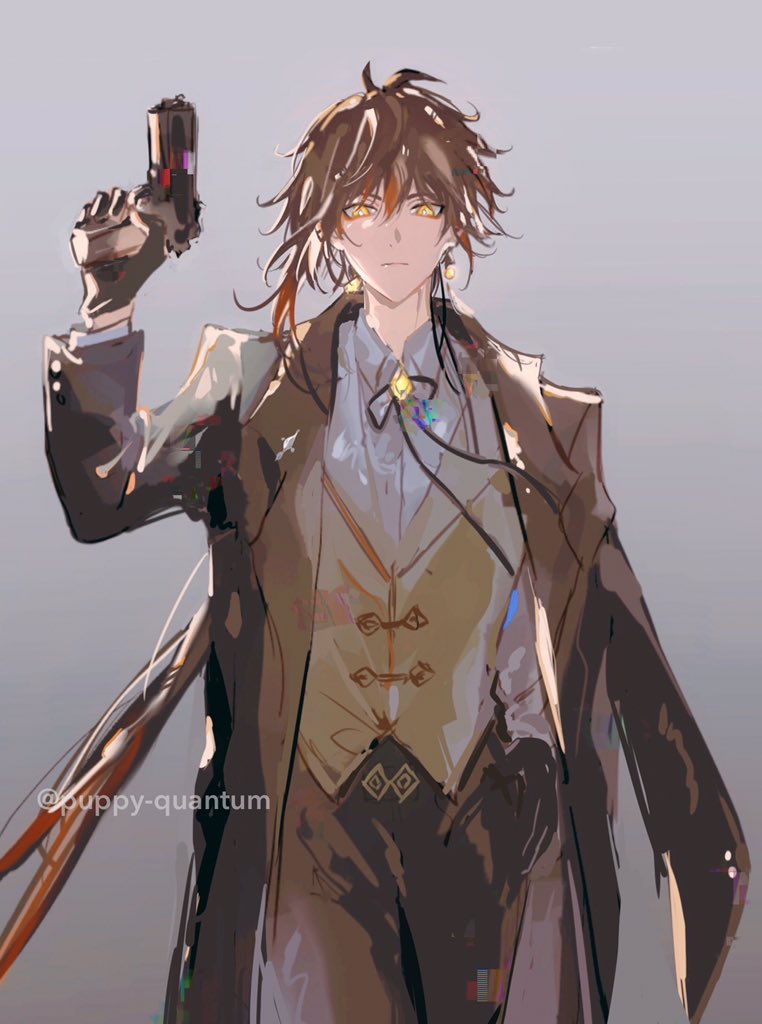 this digital illustration showcases a stylish anime character with long brown hair and yellow eyes, dressed in a dark suit with a waistcoat. he is holding a gun in his right hand and has a serious expression, radiating an air of cool determination. the character is depicted against a white background, with a dramatic play of light and shadow that adds depth and mystique to the image. the overall style is animeinspired, blending elements of fantasy, magical, and supernatural themes.