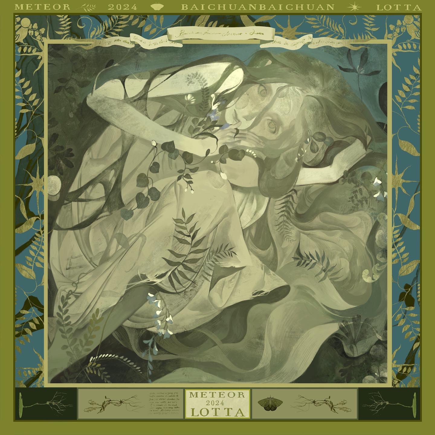 the image is a surreal and dreamlike painting depicting a woman in a flowing, ethereal gown, lying amidst a lush forest. the woman's face is obscured by a cascade of leaves, creating a sense of mystery and enchantment. the forest is alive with vibrant greens, and the woman's gown seems to blend seamlessly with the surrounding foliage. moonlight filters through the leaves, casting an ethereal glow on the scene. the painting is filled with intricate details, and the overall effect is both captivating and haunting. the artwork conveys a sense of beauty and wonder, and it invites the viewer to lose themselves in its mystical world.