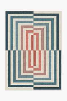 a rectangular rug with a geometric pattern of nested rectangles in shades of blue, teal, pink, and beige. the pattern is symmetrical and creates a sense of depth.