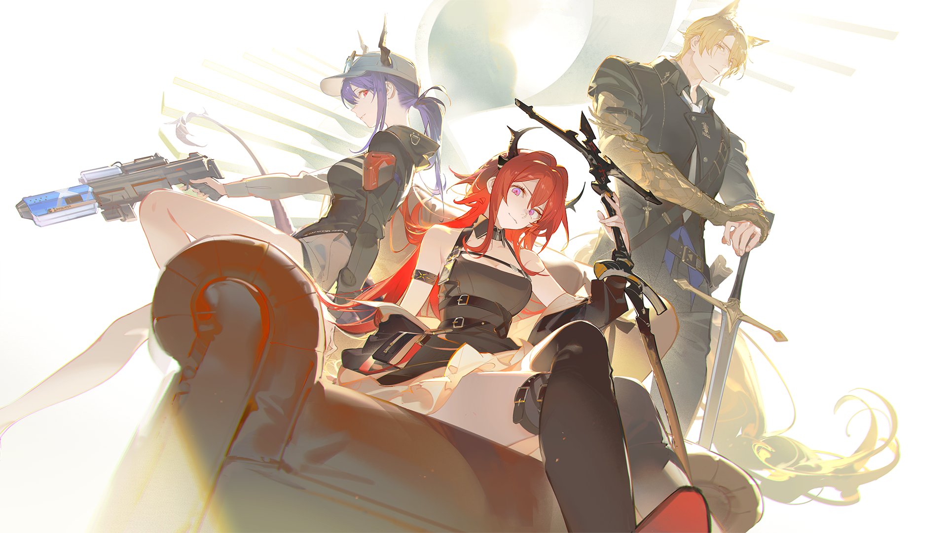 the image is a bright illustration of three anime characters from the video game arknights. a woman with red hair and small horns sits in a leather couch holding a sword. standing behind her to the left is a woman with purple hair wearing a baseball cap and holding a gun. to the right is a man with blonde hair and animal ears holding a sword. the illustration is washed in bright white light with some parts fading out.