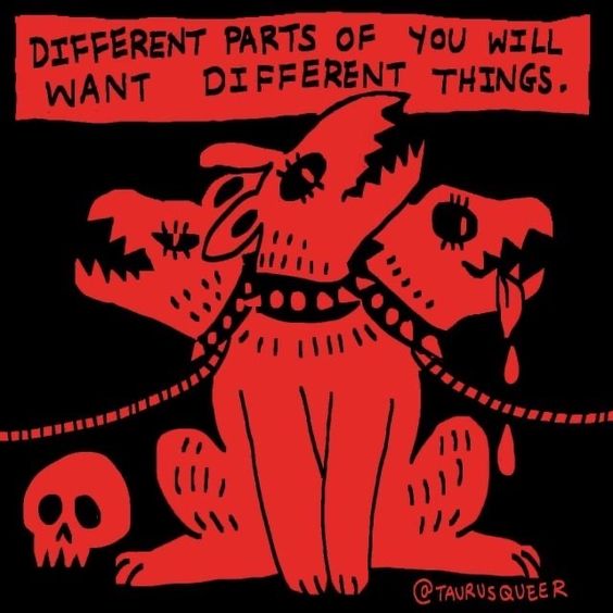 the image is an illustration by @taurusqueer. it features a threeheaded dog, likely cerberus, entirely colored in red against a black background. the dog wears a spiked collar and is tethered by a rope with a skull at the end. the text above the dog reads "different parts of you will want different things." in all caps.
