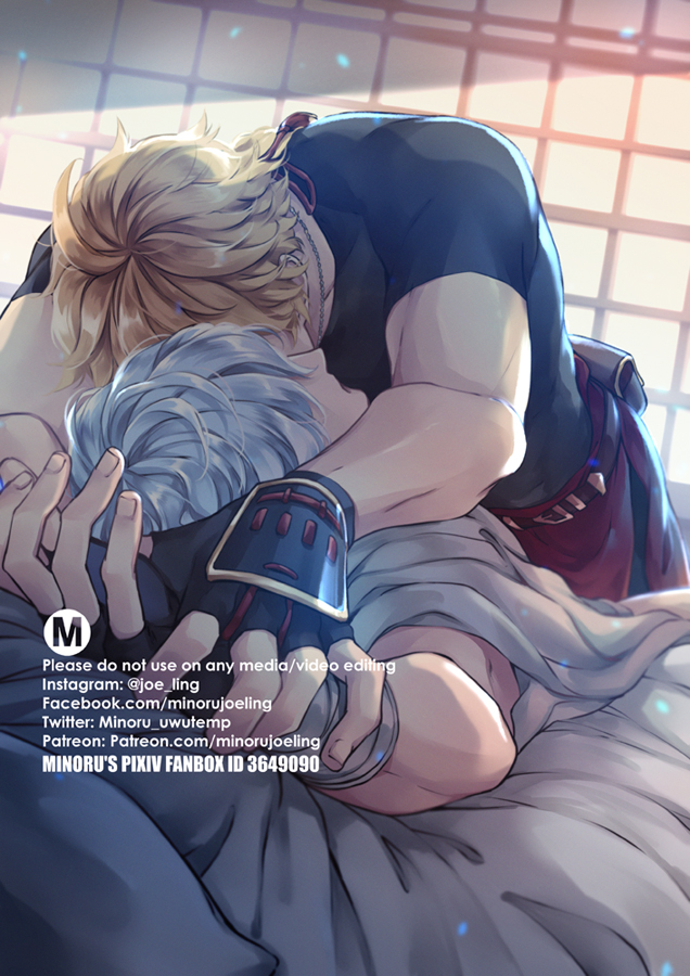 this is a digital illustration of two anime characters hugging and embracing. the character in the front is holding the other character in their arms. the characters are both male and they appear to be in a loving relationship. the artwork is done in a soft and romantic style, with delicate lines and warm color tones. it expresses intimacy and a strong bond between the characters.