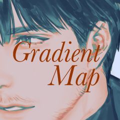 a closeup portrait of a male anime character with dark blue hair and a mysterious expression. the character's face is illuminated by a soft gradient of pink, orange, and yellow light, creating a dreamy and ethereal effect. the background is abstract and features a gradient of blue and black, adding depth and dimension to the image.  text "gradient map" is overlaid on the image, signifying the image's use of a gradient map effect.