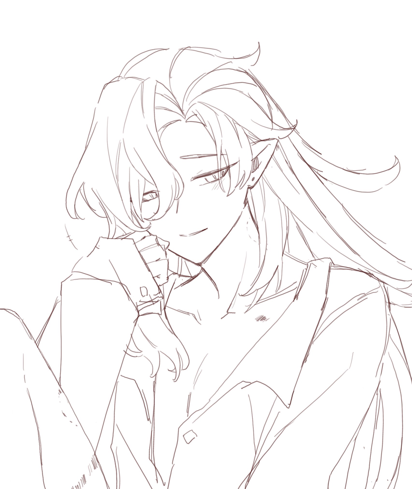 the image is a line drawing or sketch of an animestyle male character.  he has long, flowing hair that partially obscures his face, and noticeable pointed ears. he appears to be wearing a loose collared shirt. his pose is somewhat contemplative, with his hands near his face. the style is clean and elegant, with a focus on capturing the character's graceful features and expression. the overall impression is one of serene beauty and perhaps a hint of melancholy.
