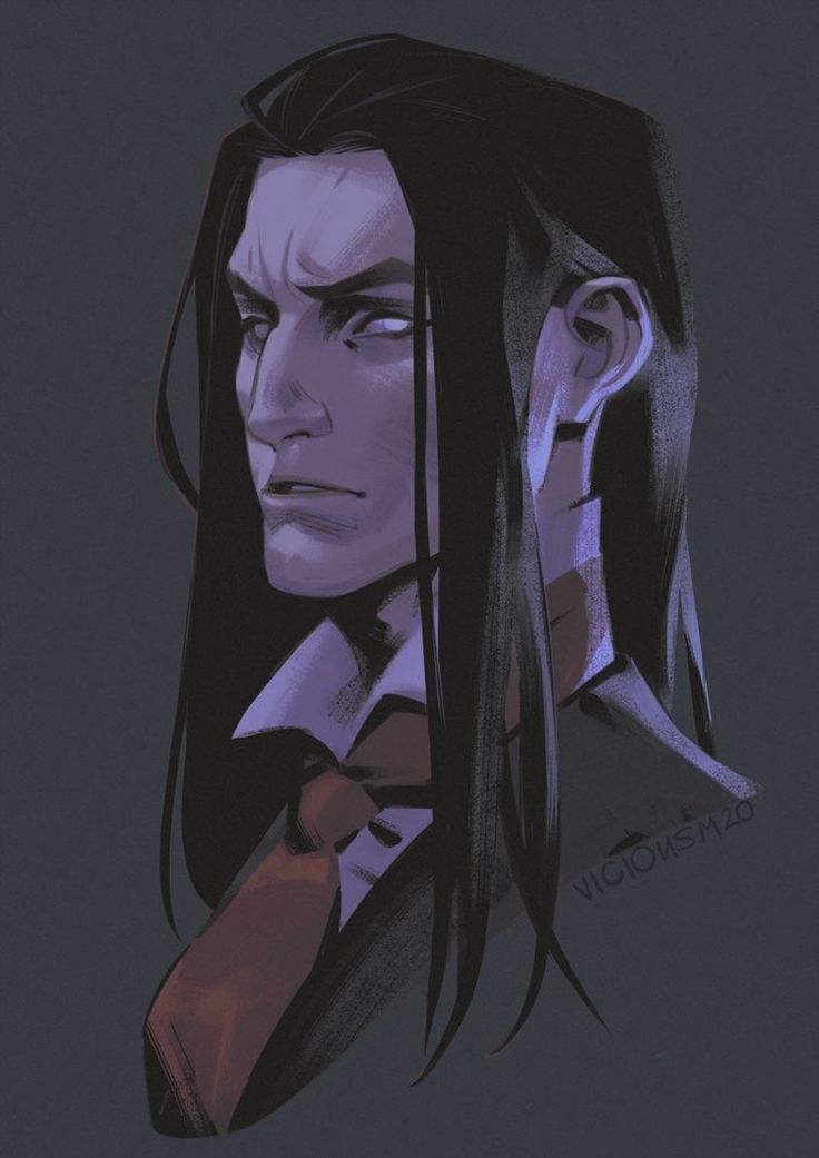 a closeup portrait of a man with long black hair, wearing a suit and tie, looking directly at the viewer with a serious expression. the painting is done in a digital style and is realistic in nature. the man's face is welldefined, with a strong jawline and dark eyes. the background is a dark gray, allowing the man's features to stand out. the overall mood is one of intensity and focus. the image is cropped around the head and shoulders.