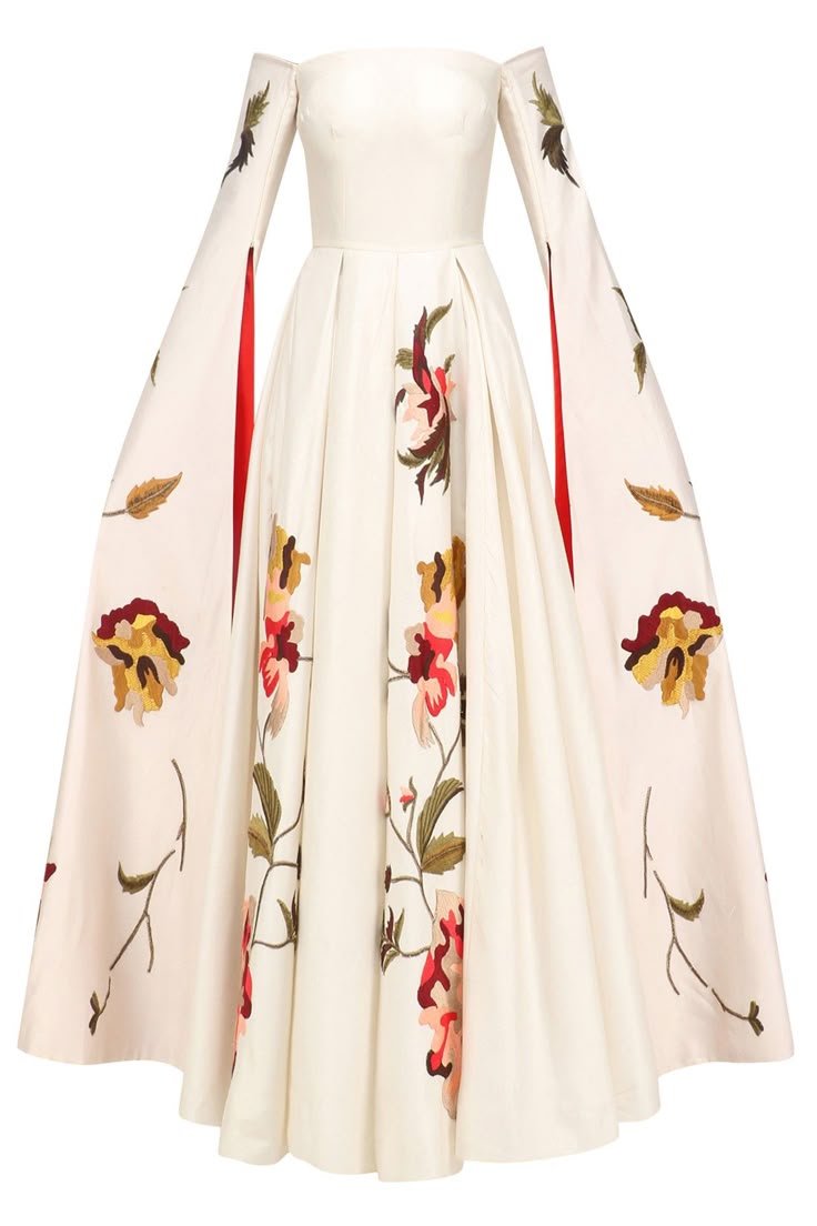 a floorlength, offtheshoulder dress in an ivory color. the dress features long sleeves with splits, revealing a red lining. the skirt is full and gathered, adorned with floral embroidery in shades of red, yellow, and green. the overall aesthetic of the dress is elegant and suitable for a formal occasion.