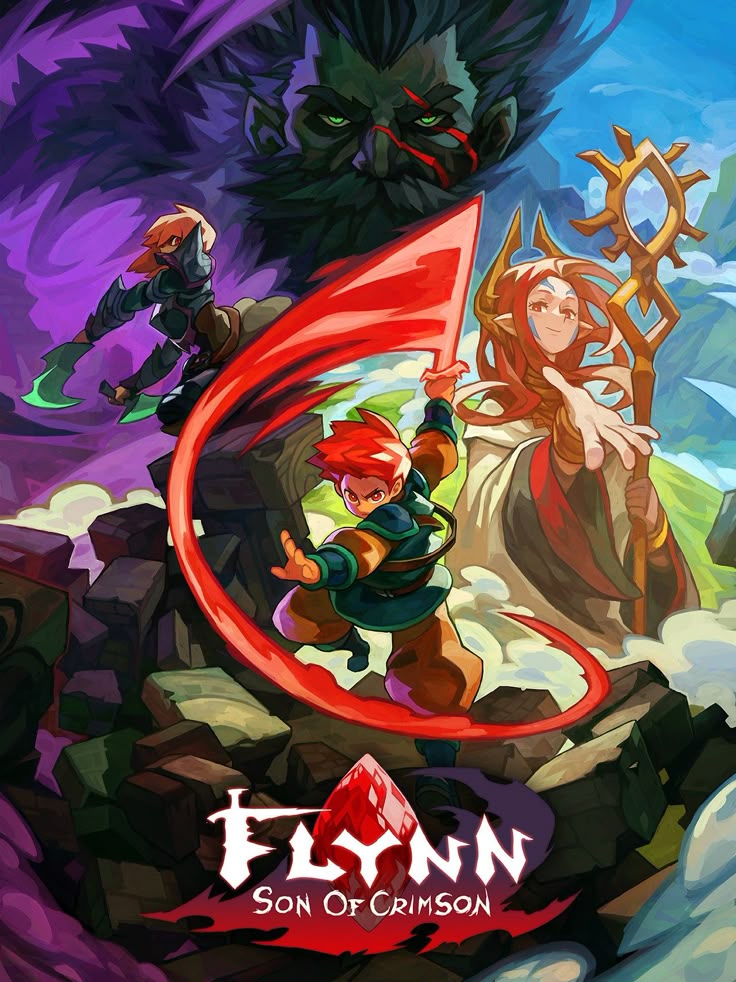 the image is the cover art for the video game "flynn: son of crimson." it features a stylized illustration with several characters set against a backdrop of mountains and a looming giant face. in the foreground, a redhead protagonist is wielding crimson energy, possibly a sword, while a roguelike character stands behind him. a magelike character with a magical staff is positioned to the right. the logo "flynn son of crimson" is at the bottom. the overall style is reminiscent of a fantasy actionadventure game with a dark fantasy aesthetic.