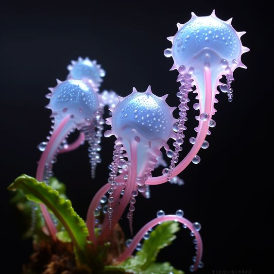the image showcases a captivating cluster of jellyfishlike organisms, seemingly bioluminescent, with a striking blend of pink and blue hues.  their translucent bodies are adorned with delicate, bubblelike structures along their tentacles.  they appear to be growing from a small, green plantlike base, set against a deep black background that accentuates their vibrant colors. the overall aesthetic is surreal and dreamlike, reminiscent of fantasy art or a digital rendering of an otherworldly underwater scene. the closeup perspective provides intricate detail, highlighting the texture and translucency of these fascinating creatures.