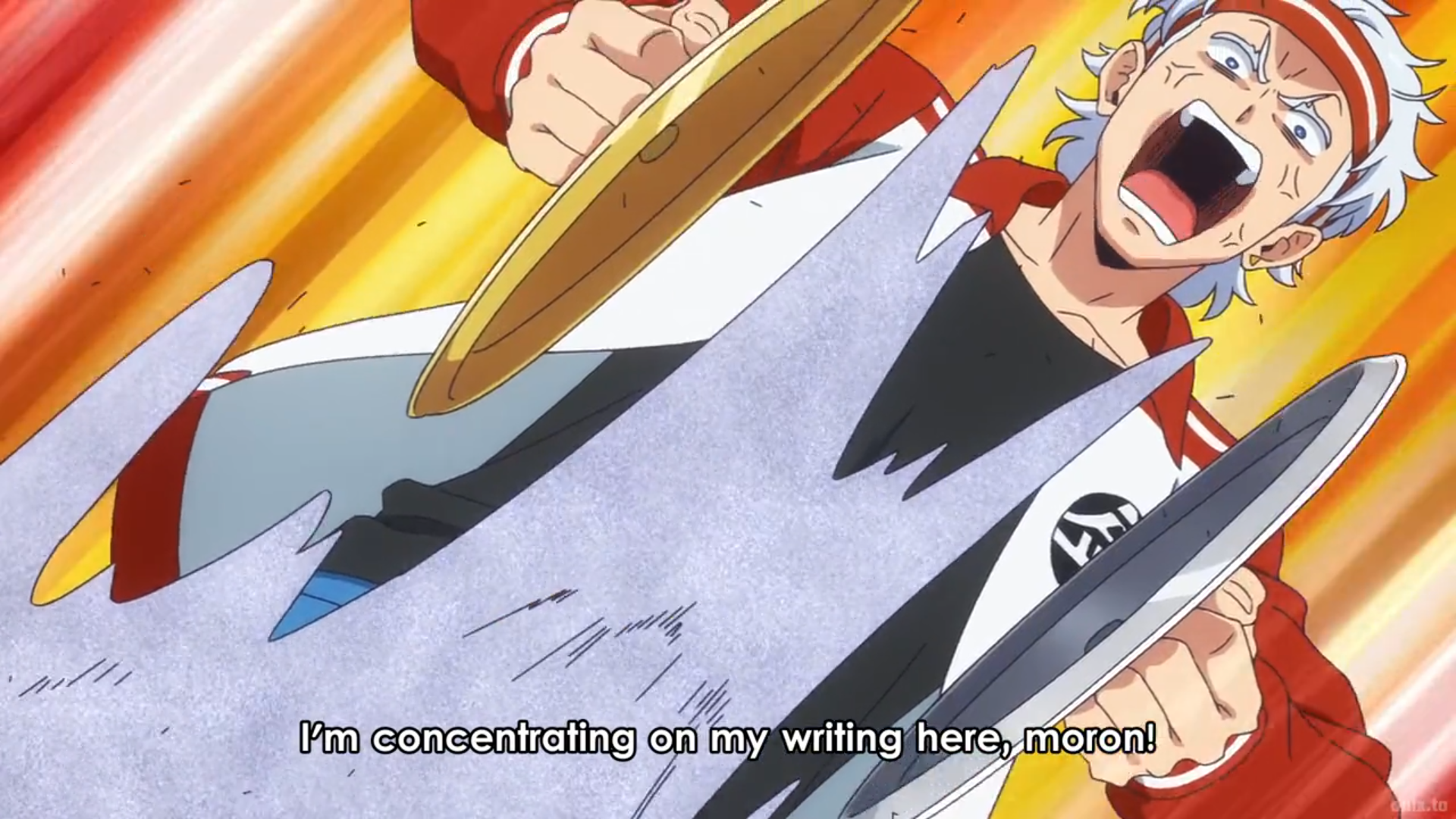 a man with white hair and a red and white tracksuit is angrily clashing cymbals together. there are speed lines behind him indicating rapid movement, and ice shards are flying off the cymbals. he appears to be yelling at someone offscreen, telling them he is trying to concentrate on his writing.  the image is brightly lit and uses a dynamic, low angle perspective.